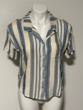 THREADS 4 THOUGHT BLUE AND IVORY STRIPED TOP WOMENS XS